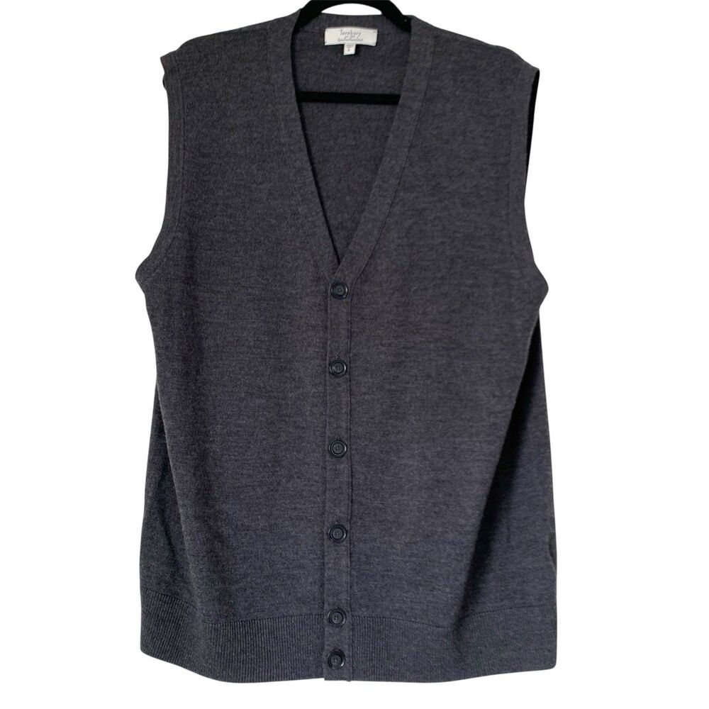 Turnbury Cardigan Sweater Vest‎ Men L Extra Fine Merino Wool Gray Button Grandpa